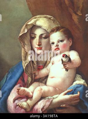 TIEPOLO, Giovanni Battista (* 1696, Venezia, d. 1770, Madrid) Madonna vom Goldfinch um 1760 Öl auf Leinwand National Gallery of Art, Washington 18. Jahrhundert venezianische Maler tendierten dazu, hochkegelige, gedämpfte Farben zu verwenden, die möglicherweise die aktuelle Mode für Pastelle widerspiegelten. Der Goldfink war ein mittelalterliches Symbol des Schutzes gegen die Pest. --- Schlüsselwörter: ----------------- Autor: TIEPOLO, Giovanni Battista Titel: Madonna des Goldfinchs Zeitlinie: 1701-1750 Schule: Italienisch Form: Malerei Art: Religiös Stockfoto