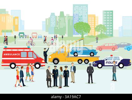 Verkehrsunfall mit Polizei und Krankenwagen Stockfoto