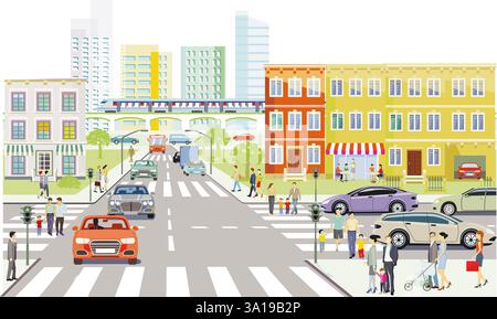 Stadtbild einer Metropole mit Verkehr und Fußgängern, Illustration Stockfoto