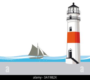 Leuchtturm und Segelschiff Illustration Stockfoto
