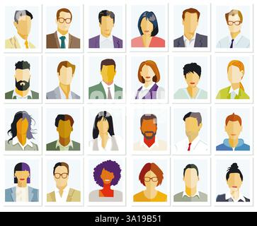 Personengruppe Porträt, Gesichter isoliert auf weißem Hintergrund. Abbildung Stockfoto