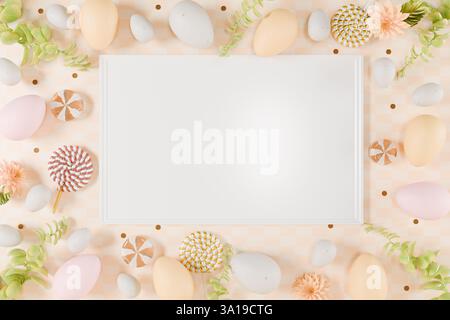 Osterarrangement mit bunten Eiern und einer leeren Karte für Nachrichten oder Grüße. 3D-Rendering Stockfoto