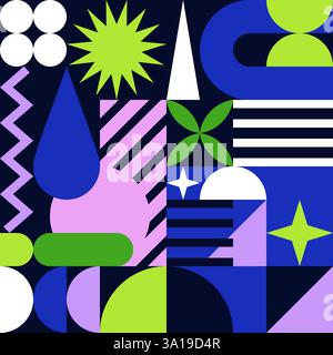 Abstrakter geometrischer Hintergrund für Farbblock. Vektordruck, Banner, Poster, Grußkarte, Cover bauhaus memphis Design. Einfache primitive Elemente farbf Stock Vektor