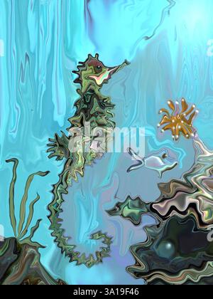 Seepferdchen im Meer mit Austern, Fischen und Korallen Stockfoto