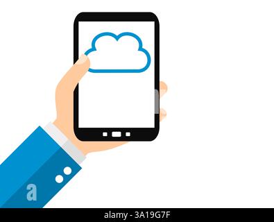 Hand mit Smartphone: Cloud – Flat Design Stockfoto