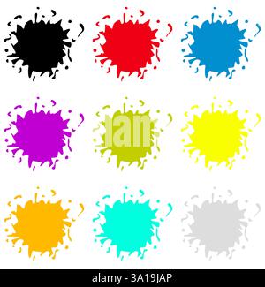 Sammlung von 9 bunten Flecken als Hintergrund in schwarz, rot, blau, lila, grün, gelb, Orange, Türkis und Grau Stockfoto