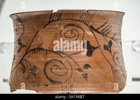 Fragment eines bemalten Gefäßes zur Aufbewahrung von Lebensmitteln, Carratiermes Necropolis, 1. Jahrhundert n. Chr., Museum der archäologischen Stätte von Tiermes, Soria, Kastilien A. Stockfoto