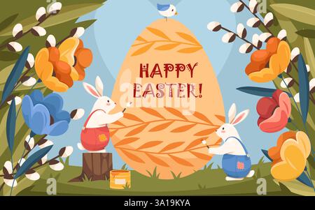 Vektor-Grußkarte oder Banner mit Häschen für Osterferien. Festliches Cartoon-Bild. Alles Gute zu Ostern. Kaninchenfiguren malen Osterei. Stock Vektor