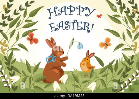 Zeichentrickvektor Illustration oder Karte für Ostergruß. Banner oder Bild mit Osterhasen- und Chick-Charakteren. Blumenhintergrund mit Blumen. Stock Vektor
