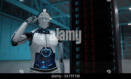 Humanoider Roboter mit einem Serverrack in einer Halle. 3D Abbildung. Stockfoto