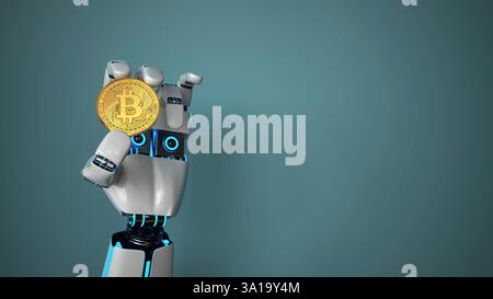 Der Roboter hält einen Bitcoin in der Hand. 3D-Abbildung. Stockfoto