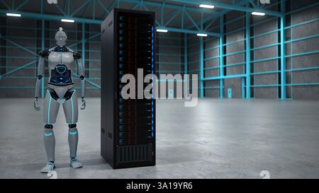 Humanoider Roboter mit einem Serverrack in einer Halle. 3D Abbildung. Stockfoto