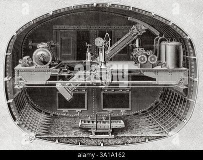 Paris Metropolitan Railway. Die Maschine zum Verlegen von Segmenten, A. Pitre System. Ansicht im Keller, die die Rückseite des Schildes und die in Betrieb befindliche Segmentverlegemaschine zeigt. Alte Kupferstichzeichnung aus dem 19. Jahrhundert von Louis Poyet (1846 - 1913) aus La Nature 1907 Stockfoto
