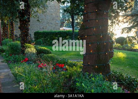 Lichterketten beleuchten Bäume bei Sonnenuntergang in einem wunderschönen Garten und schaffen eine magische und festliche Atmosphäre Stockfoto