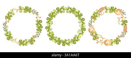 Kleeblatt Kränze Set, runder Rahmen, Rand. Aquarell handgezeichnet Shamrock und goldene Münzen und Zweige Illustration isoliert auf einem weißen Hintergrund Stockfoto