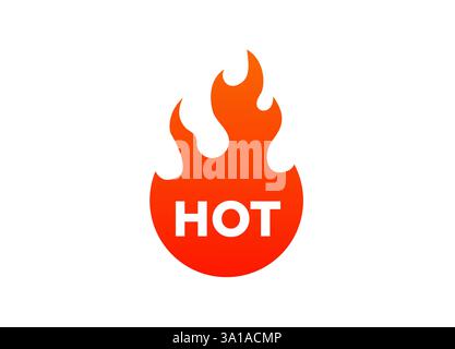 Feuriges Flammensymbol mit dem Wort Hot in kräftigen weißen Buchstaben auf einem leuchtend orangen Hintergrund Stock Vektor
