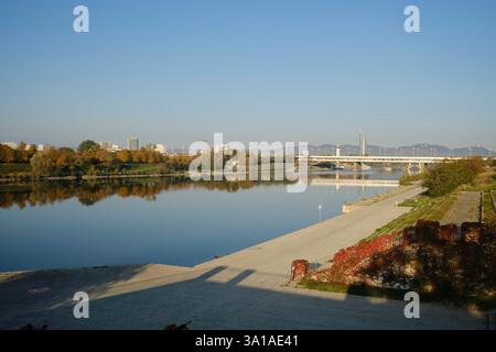 Donauinsel und Reichsbrücke in Wien über die Donau an einem sonnigen Herbsttag Stockfoto