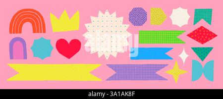 Großes Aufkleberset für Scrapbooking in verschiedenen Formen und Stilen auf rosa Hintergrund. Stock Vektor