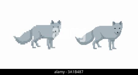 Zwei Pixel-Kunstwölfe mit einzigartigen, schlichten Designs in Grautönen und subtilen Details Stock Vektor