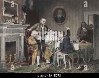 Old '76 und Young '48, 1851. Ein junger Soldat, sein verletzter linker Arm in einer Schlinge, seine Stiefel und Hosen sind schlammig bespritzt und Schwert und Handschuhe auf den Teppich geworfen, ist gerade aus dem Dienst im Mexikanischen Krieg zurückgekehrt. Mit einer großen Geste auf das Revolutionäre Porträt bittet er um Zustimmung von seinem älteren Verwandten, der in Erinnerung zu sein scheint. Andere Familienmitglieder, vermutlich die Eltern und die Schwester des Soldaten, gekleidet in der Mode des Augenblicks, hören mit Sorge zu. In der Tür rechts nehmen drei afroamerikanische Hausangestellte an dem Gespräch Teil. Alter '76er-Jahre-Status als Veteran der Rev Stockfoto