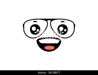 Cartoon-Gesicht mit großen glücklichen Augen und Brille, die hell und fröhlich lächelt Stock Vektor