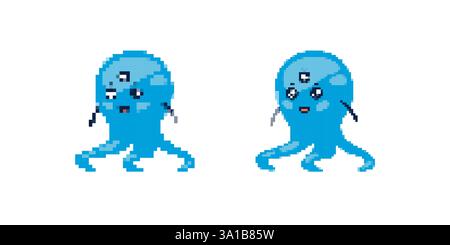 Pixelart-Oktopus mit drei Augen, dargestellt in einem lustigen, verspielten Cartoon-Stil Stock Vektor