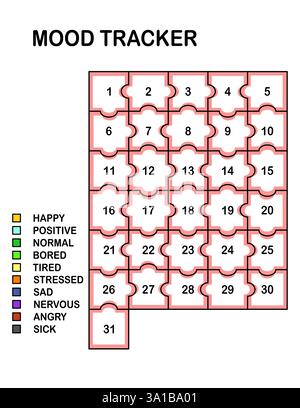 Stimmungs-Tracker in Pixel. Kalender monatlich, jährlich, wöchentlich, tagtäglich. Kalender für persönliche und geschäftliche Probleme. Gefühlsplaner, Gewohnheitstracker Stock Vektor