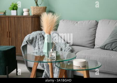 Vase mit Pampasgras und Schilfdiffusor auf dem Tisch im Wohnzimmer Stockfoto