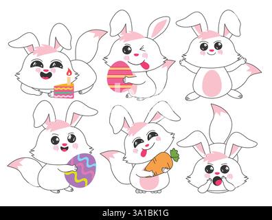 Osterhase Clipart Zeichensatz. Niedliche Kaninchen-Zeichentrickfiguren in fröhlichem, lustigem Gesicht, Liegen, Stehen und Halten von Elementen Stock Vektor