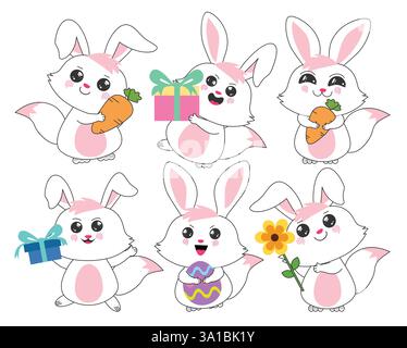 Osterhase Clipart Zeichensatz. Niedliche rosa Kaninchen Zeichentrickfigur in flacher Skizze Kritzelumriss Clip Art stehend und hält Karotten, Geschenkbox, Stock Vektor
