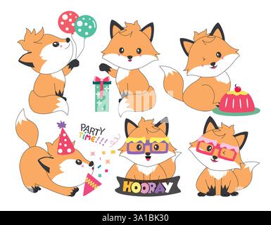 Fox Charakter Geburtstag Clipart Zeichensatz. Orangenfuchs mit Geburtstagsparty-Elementen in fröhlichem und entzückendem Lächeln in Doodle-Sketch-Form Stock Vektor