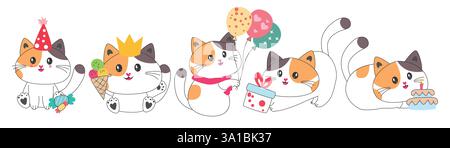 Katze Geburtstagsparty Clipart Zeichensatz. Niedliche Katzenfigur mit fröhlichem, genussvollem und entzückendem Lächeln mit Partyelementen in niedlicher Style-Skizze Stock Vektor