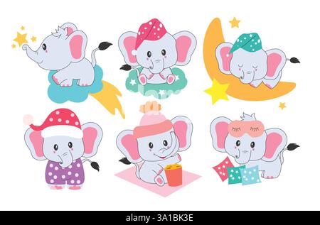 Elefantenkostüm Figur Clipart Zeichensatz. Niedlicher Elefant in flacher Ikonenkollektion mit Clip-Art-Design und Maskottchen-Kostüm wie weihnachtsmütze Stock Vektor