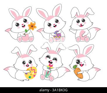 Osterhase Clipart Zeichensatz. Niedliches pinkfarbenes Kaninchen-Clip-Art in glücklichem Gesicht, lustige Pose, stehende und haltende Blume, osterei, Geschenk und Karotten Stock Vektor