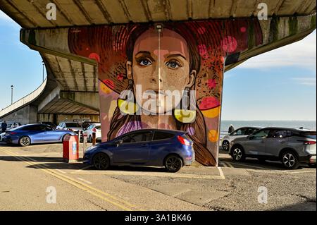 Frau. Kopf und Schultern. Ein Wandgemälde unter der Belton Bridge, das die Old Leigh High Street in Leigh on Sea, City of Southend, überquert. UK Stockfoto