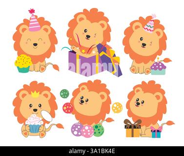 Lion Geburtstagsfigur Clipart Flat Icon Set. Niedliche orangefarbene Löwen-Zeichenclips mit bunten Partyelementen wie Hut, Cupcake, Ballons und Geschenkbox Stock Vektor