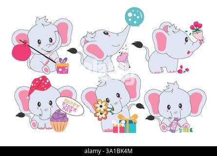 Clipart-Zeichensatz für Elefanten-Geburtstagsfeier. Niedliche Baby-Elefanten-Figuren-Clip-Art-Sammlung stehend, sitzend, singend Stock Vektor