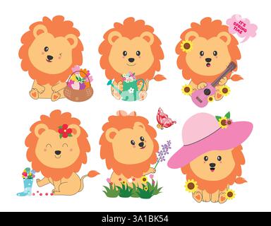 Lion Spring Time Zeichen Clipart Flat Symbolsatz. Niedliche Clip-Art-Kollektion mit orangefarbenen Löwenfiguren mit farbenfrohen Frühlingsblumenelementen Stock Vektor
