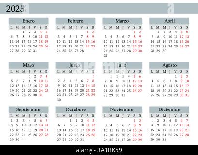 2025 Jahreskalendervektor auf Spanisch, Montag-Start, sauberes Design, druckbare Vorlage Stock Vektor