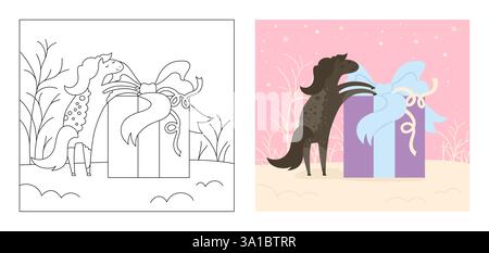 Pferd mit Überraschung Geschenkbox Winter Landschaft Malbuch für Kinder Cartoon Vektor Illustration. Abstrakte Comic-Hengststute Pferdegrußkarte. Flaches Tierdesign für Kinder Stock Vektor