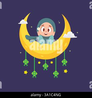Ramadan Kareem Cartoon mit Happy Girl Stock Vektor
