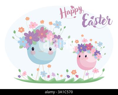 Blaue und rosafarbene Ostereier mit Blumenkränzen, süße Feiertagsillustration Stock Vektor