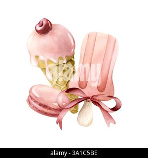 Süße Eiswaffelkegel mit Kirsche, rosa Eis und Makronen. Aquarell handgemalte Essensillustration isoliert auf weißem Hintergrund für Kinder BI Stockfoto