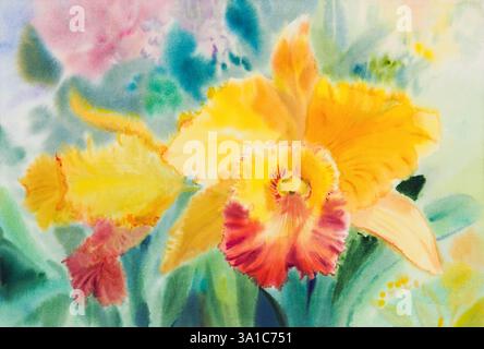 Abstraktes Aquarell Original Gemälde gelb rote Farbe der Orchideenblume und grüne Blätter auf blauem Hintergrund. Stockfoto