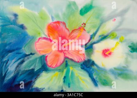 Abstraktes Aquarell Originalgemälde rosa orange gelb weiße Farbe der Hibiskusblume und der grünen Blätter auf blauem Hintergrund. Stockfoto