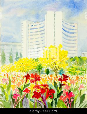 Aquarell Originalgemälde, Landschaftsgemälde, Aquarellhintergrund, Blumengemälde, bunt, Illustration, Berg, Wald, Bergkette Stockfoto