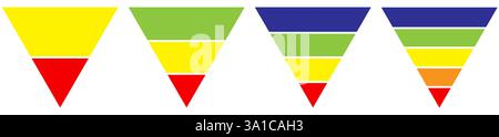 Trichterdiagramm oder inverses Pyramidendiagramm, unterteilt in vier farbige Ebenen. Konzept des 4-stufigen Vertriebsmodells. Minimale Infografik-Designvorlage Stock Vektor