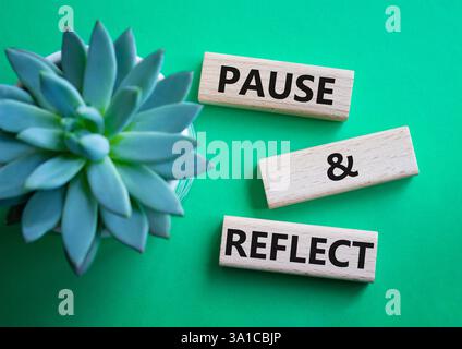 Symbol Pause und Reflexion. Konzeptwörter Pause und Reflexion auf Holzblöcken. Schöner grüner Hintergrund mit saftiger Pflanze. Business und Pause und Re Stockfoto