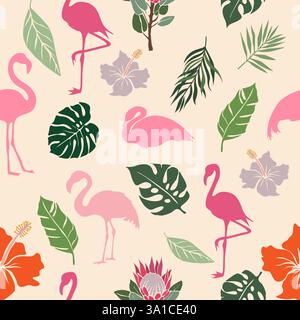 Exotisches Muster mit rosa Flamingos, tropischen Blättern Stock Vektor