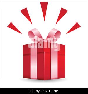Geschenkbox für Überraschung. Rote Geschenkbox mit rosa Schleife. 3D-Stil. Elementdesign für Giveaway, Überraschung, weihnachten, Neujahr, Feiertage. Vektor Stock Vektor